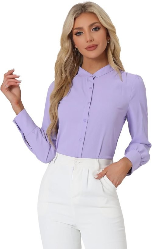 Women's Mandarin Collar Office Top Long Sleeve Button Down Shirt