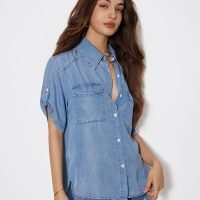 Shirts for Women Button Down Tops Spring Fashion Blouses Short Sleeve Loose Fit Jeans Shacket