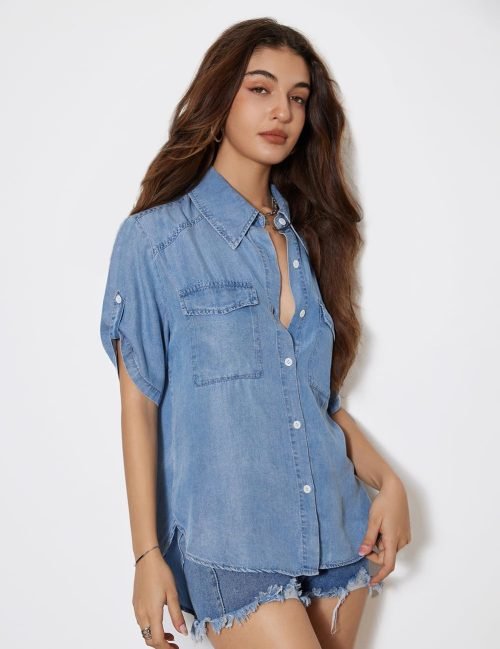 Shirts for Women Button Down Tops Spring Fashion Blouses Short Sleeve Loose Fit Jeans Shacket