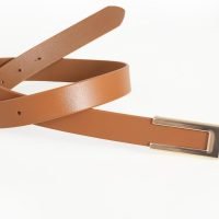 Womens Leather Belt Skinny Waist Belt for Dresses Jeans Pants with Gold Buckle