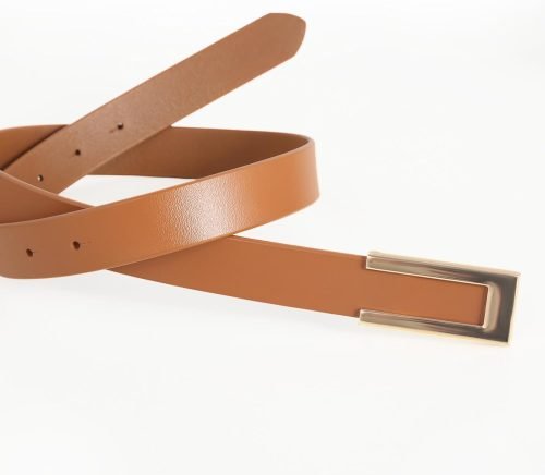 Womens Leather Belt Skinny Waist Belt for Dresses Jeans Pants with Gold Buckle