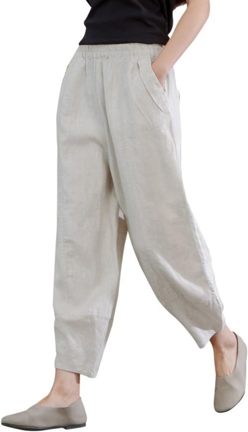 6185nSmrPQL._AC_SL1500 Women's 100% Linen Pants Relax Fit Lantern Cropped TaperedPants Trousers with Elastic Waist