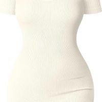 Women's Mini Dresses Sexy Ribbed Short Sleeve Tummy Control Bodycon Mini Dress