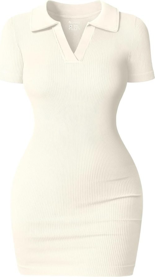 Women's Mini Dresses Sexy Ribbed Short Sleeve Tummy Control Bodycon Mini Dress