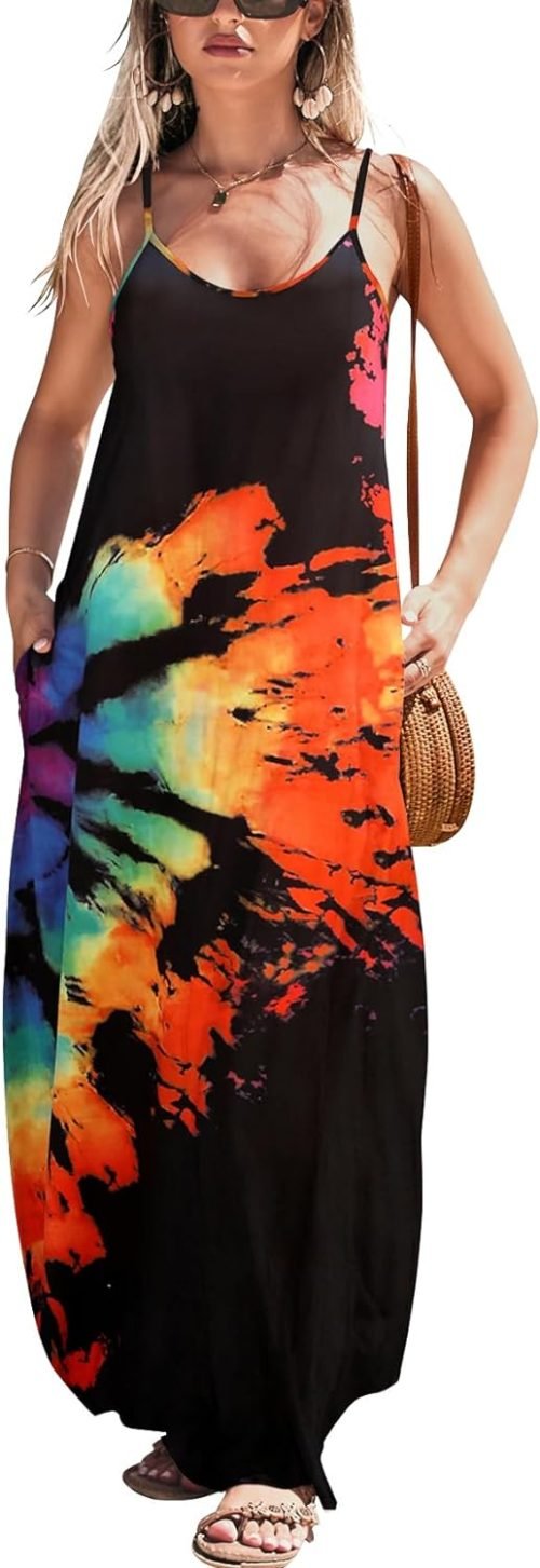 Women Summer Casual Bohemian Maxi Dress V-Neck Sleeveless Flowy Boho Floral Beach Long Dress with Pockets