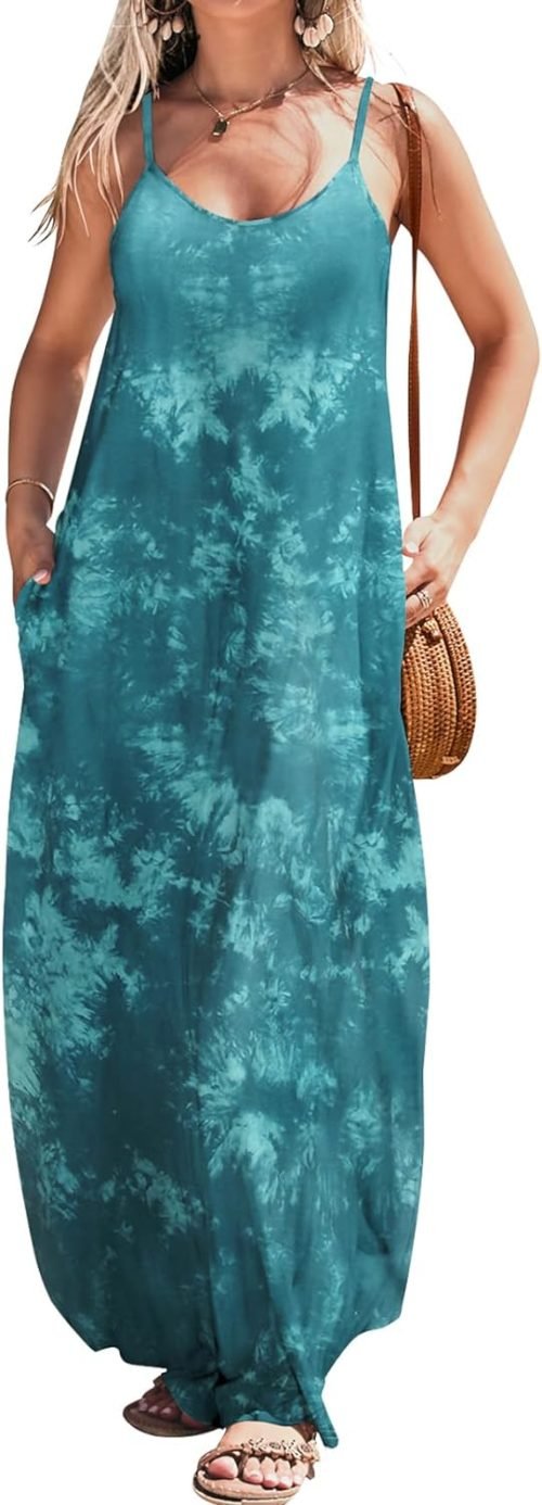 Women Summer Casual Bohemian Maxi Dress V-Neck Sleeveless Flowy Boho Floral Beach Long Dress with Pockets