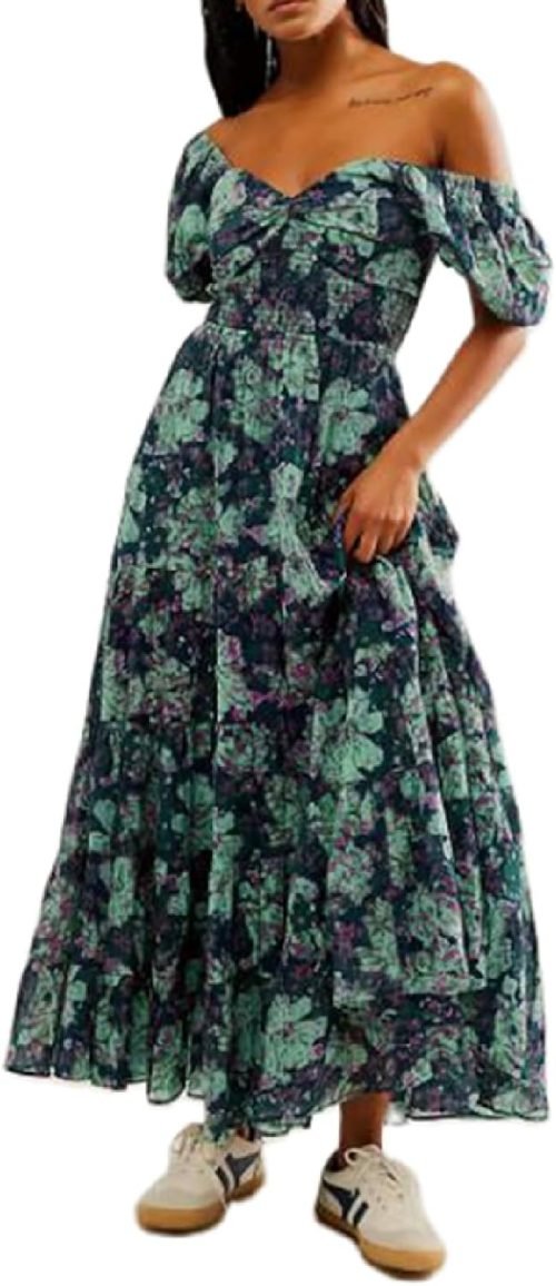 Women’s Floral Smocked Maxi Dress Boho Puff Sleeve Sweetheart A-Line Flowy Long Dresses Y2K Swing Beach Sundress
