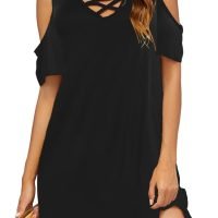 Women Summer Cold Shoulder Criss Cross Neckline Short Sleeve Casual Tunic Top Dress (S-3XL)