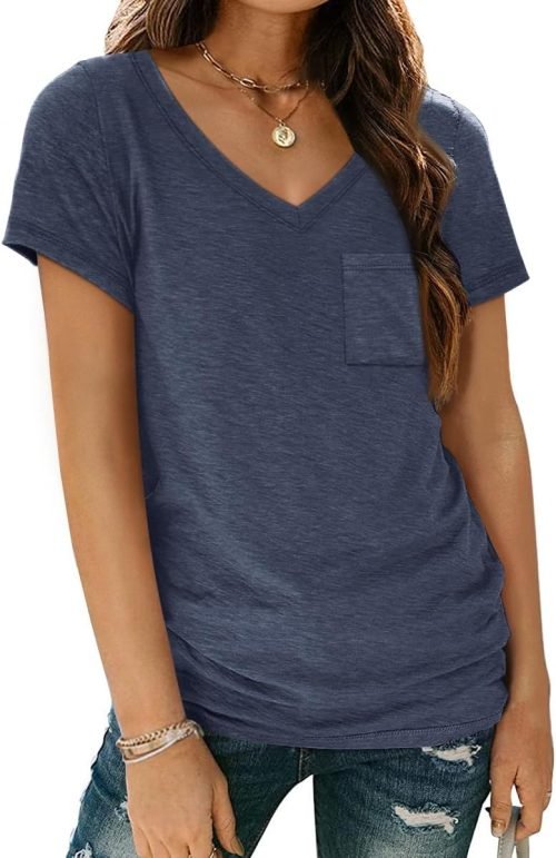 Womens T Shirts Short Sleeve V Neck Tops with Pockets Summer Fashion Trendy Soft Casual Comfy Outfits Clothes 2024