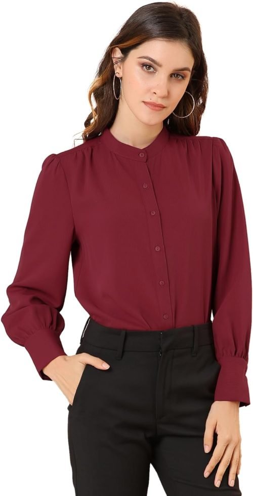 Women's Mandarin Collar Office Top Long Sleeve Button Down Shirt