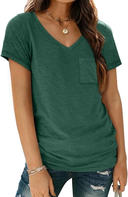 Womens T Shirts Short Sleeve V Neck Tops with Pockets Summer Fashion Trendy Soft Casual Comfy Outfits Clothes 2024