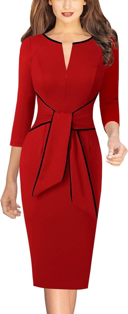 Womens Front Zipper Tie Waist Slim Work Business Office Bodycon Pencil Dress