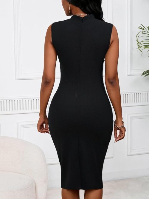 Womens Summer Sleeveless Bodycon Work Dresses for Women Tie Neck Ruched Cocktail Pencil Midi Dress