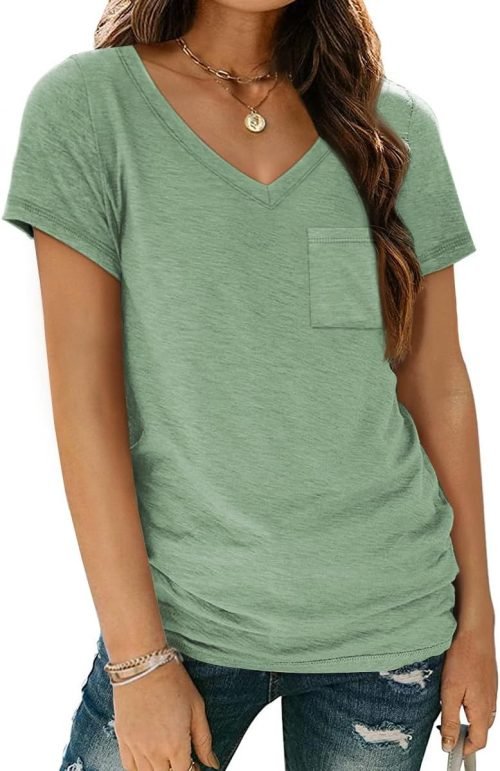 Womens T Shirts Short Sleeve V Neck Tops with Pockets Summer Fashion Trendy Soft Casual Comfy Outfits Clothes 2024