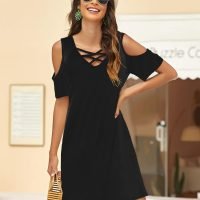 Women Summer Cold Shoulder Criss Cross Neckline Short Sleeve Casual Tunic Top Dress (S-3XL)
