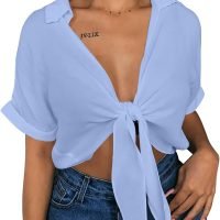 Womens Summer Short Sleeve Shirts V Neck Tie Knot Batwing Blouses Tops