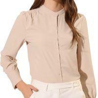 Women's Mandarin Collar Office Top Long Sleeve Button Down Shirt