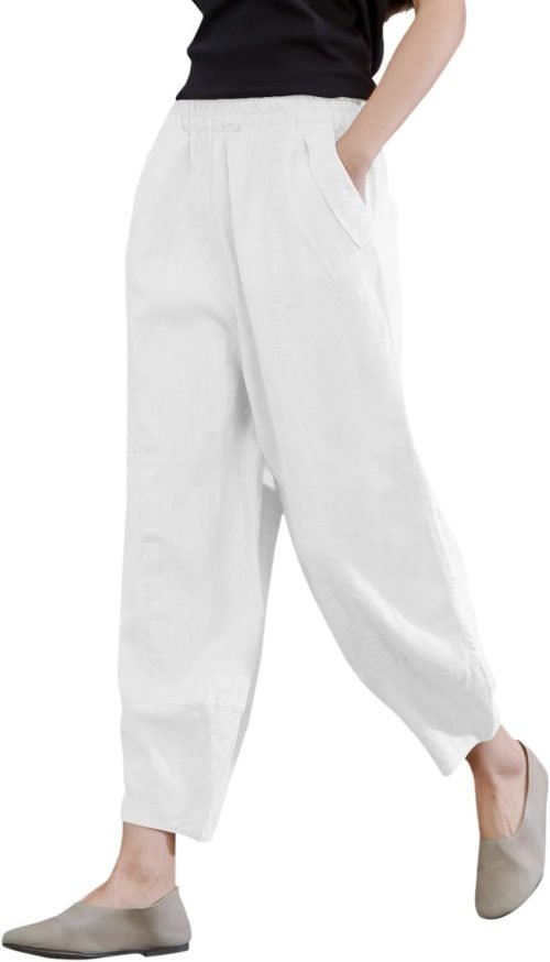 61DKBOOSe9L._AC_SL1500 Women's 100% Linen Pants Relax Fit Lantern Cropped TaperedPants Trousers with Elastic Waist