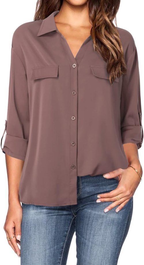 Women's Dressy Lapel Button Down Shirts for Work Office Business Casual Chiffon Blouse Tops