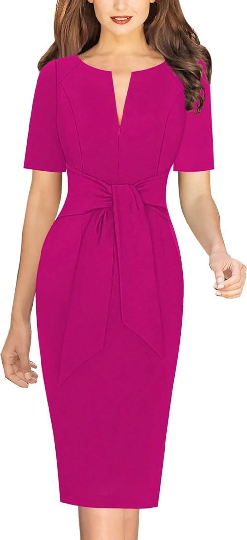 Womens Front Zipper Tie Waist Slim Work Business Office Bodycon Pencil Dress