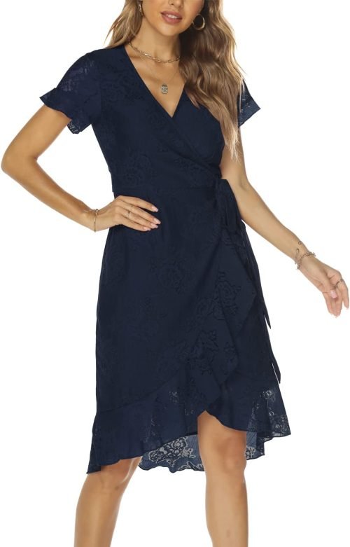 Women's Classic Floral Lace V Neck Wrap Dress Wedding Guest Ruffle Hem Split High Low Midi Cocktail Dresses 942