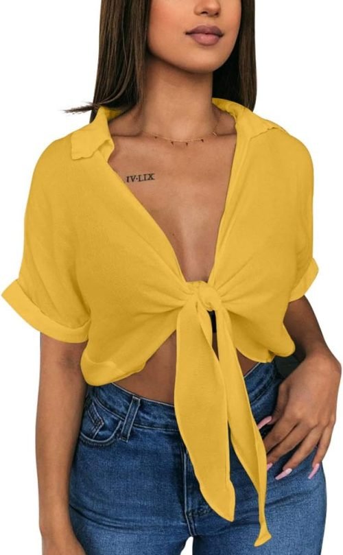 Womens Summer Short Sleeve Shirts V Neck Tie Knot Batwing Blouses Tops