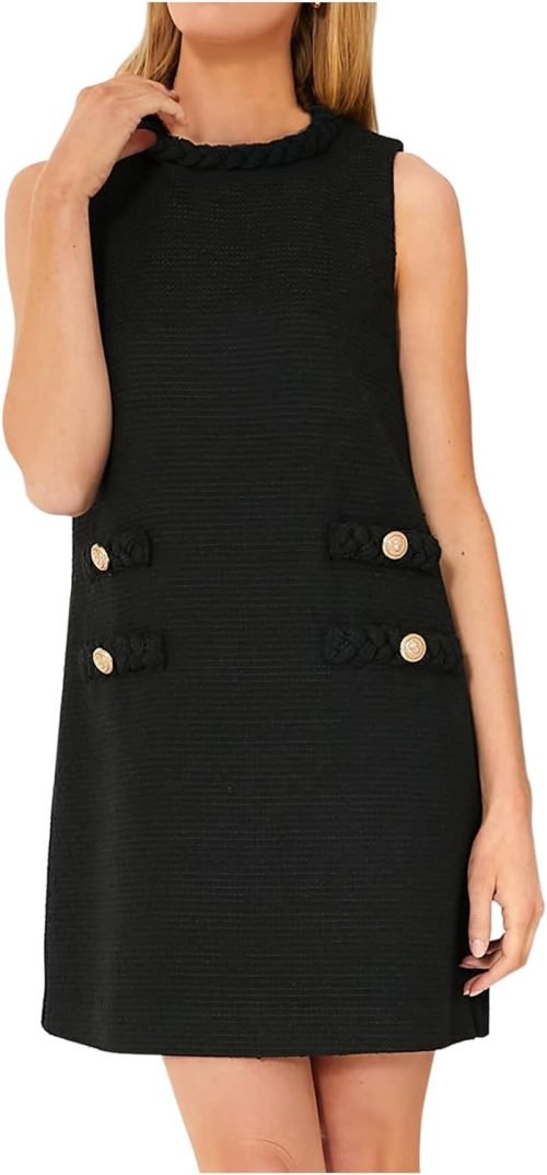 Women's Tweed Jackie Dress Crew Neck Sleeveless Elegant Vintage Button Bodycon A-line Mini Dresses