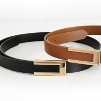 Womens Leather Belt Skinny Waist Belt for Dresses Jeans Pants with Gold Buckle