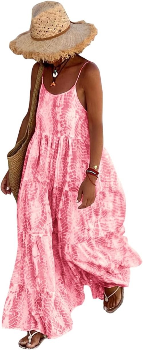 Women Summer Dresses 2024 Spaghetti Strap Scoop Neck Floral Maxi Dress Flowy Boho Long Sundress with Pockets