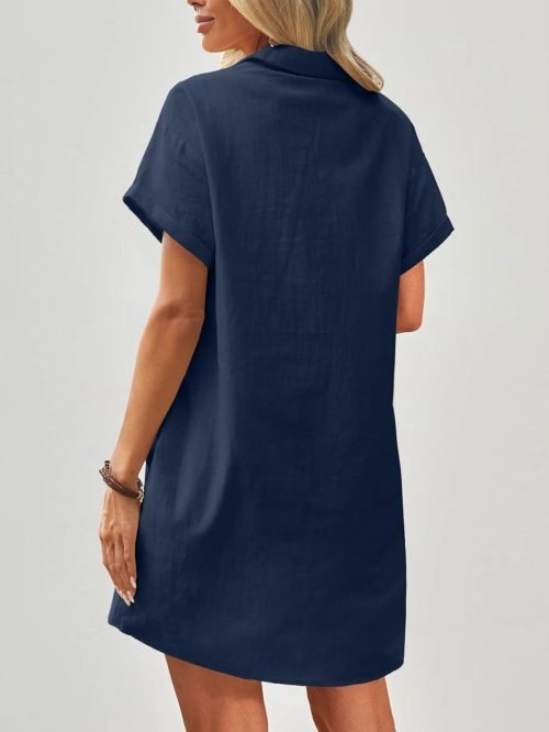 Womens Cotton Shirt Dress Summer Casual Short Sleeve Button Down Beach Cover Up Shirts with Pockets