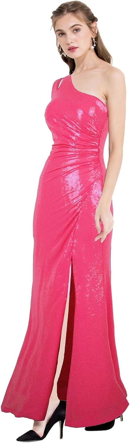 Women's One Shoulder Sleeveless Sequin Maxi Prom Dresses