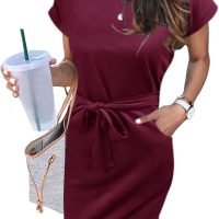 Women's Summer Striped Short Sleeve T Shirt Dress Casual Tie Waist with Pockets