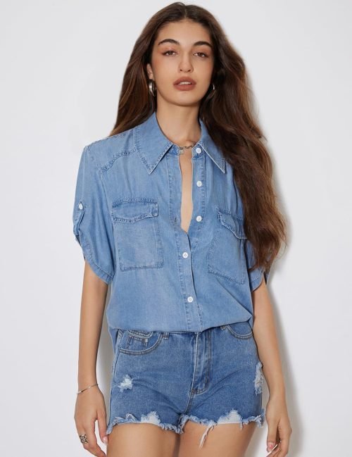 Shirts for Women Button Down Tops Spring Fashion Blouses Short Sleeve Loose Fit Jeans Shacket