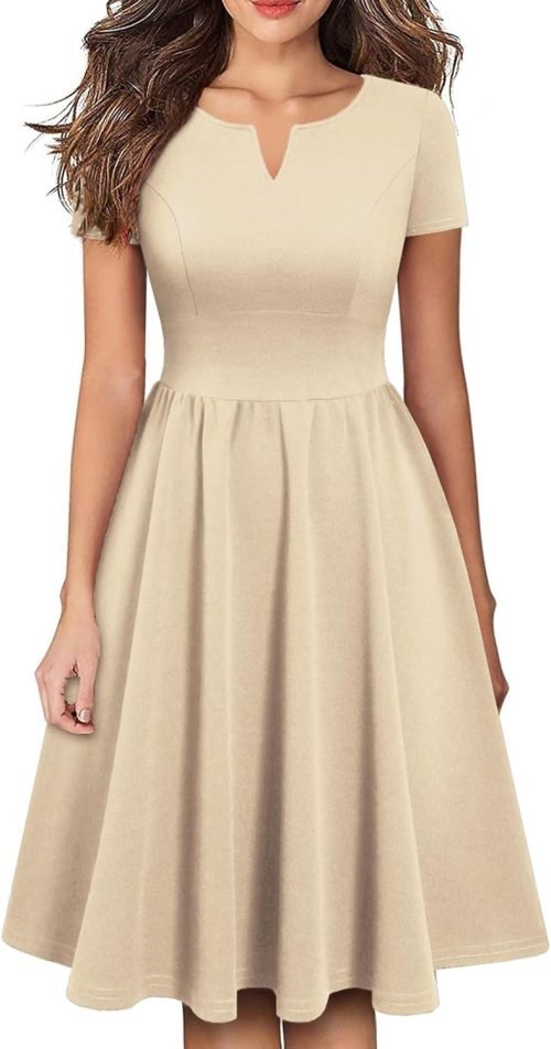 Women's Vintage Pleated Flared Swing A-Line Casual Party Work Dresses