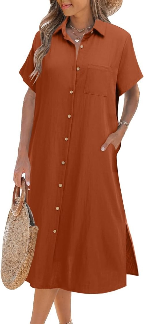 Womens Dress Summer Casual Short Sleeve Button Down Shirt Dress Beach Cover Up Dress with Pockets
