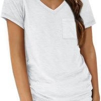 Womens T Shirts Short Sleeve V Neck Tops with Pockets Summer Fashion Trendy Soft Casual Comfy Outfits Clothes 2024