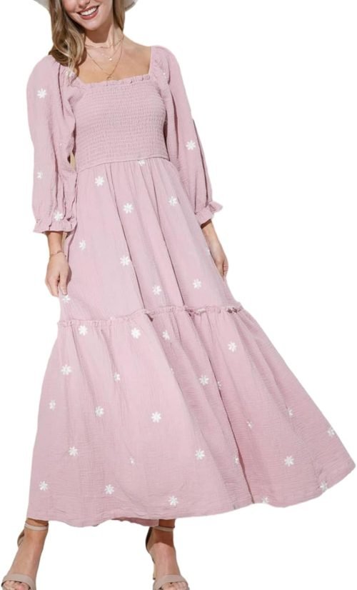 Women’s Floral Smocked Maxi Dress Boho Puff Sleeve Sweetheart A-Line Flowy Long Dresses Y2K Swing Beach Sundress