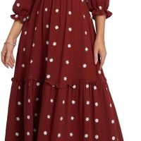 Women’s Floral Smocked Maxi Dress Boho Puff Sleeve Sweetheart A-Line Flowy Long Dresses Y2K Swing Beach Sundress