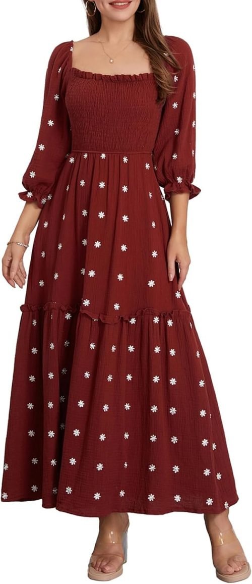 Women’s Floral Smocked Maxi Dress Boho Puff Sleeve Sweetheart A-Line Flowy Long Dresses Y2K Swing Beach Sundress