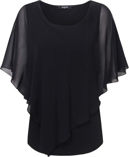 Women's Lightweight Flowy Shirt Double-Layered Printed Chiffon Poncho Blouse Top