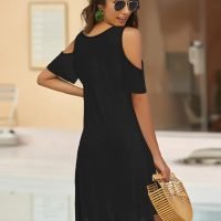 Women Summer Cold Shoulder Criss Cross Neckline Short Sleeve Casual Tunic Top Dress (S-3XL)