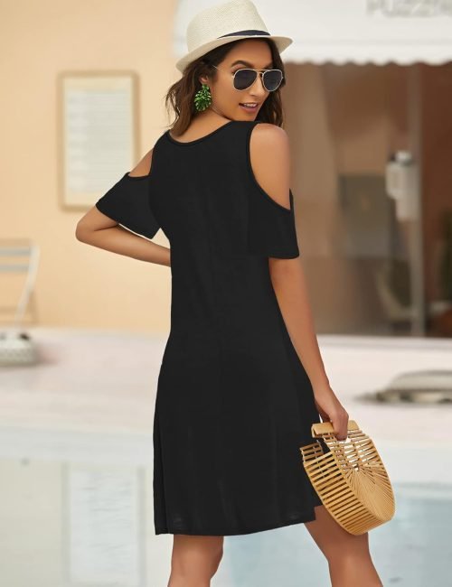 Women Summer Cold Shoulder Criss Cross Neckline Short Sleeve Casual Tunic Top Dress (S-3XL)