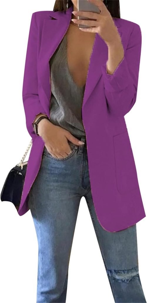 Women's Business Casual Outfits Open Front Long Sleeve Lapel Fashion Lightweight Solid Color Blazers with Pockets