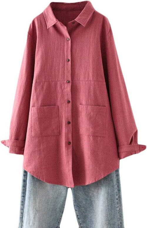 Women's Linen Shirts Button Down Long Tunic Tops Plus Size Blouse with Pockets