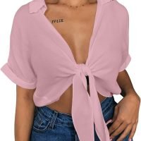Womens Summer Short Sleeve Shirts V Neck Tie Knot Batwing Blouses Tops