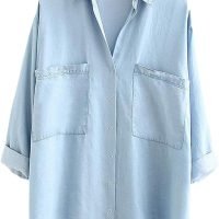 Women's Soft Tencel Denim Shirts Casual 3/4 Sleeve Button Down Blouses
