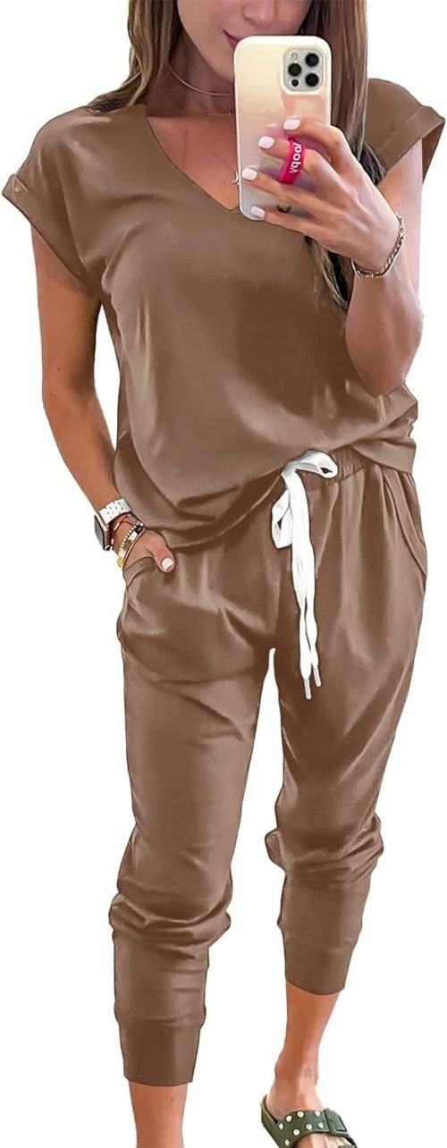 Womens V Neck Short Sleeve Top And Long Pants