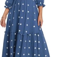 Women’s Floral Smocked Maxi Dress Boho Puff Sleeve Sweetheart A-Line Flowy Long Dresses Y2K Swing Beach Sundress
