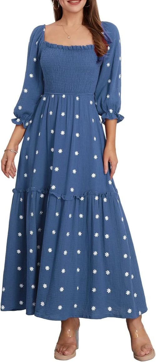 Women’s Floral Smocked Maxi Dress Boho Puff Sleeve Sweetheart A-Line Flowy Long Dresses Y2K Swing Beach Sundress