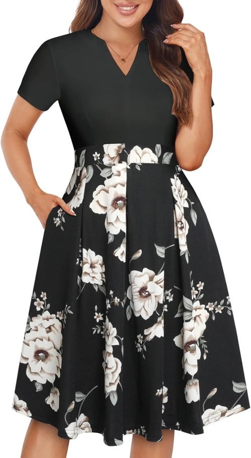 Womens Elegant Print Notched Neck Slant Pocket Pleated Hem Casual A-Line Dress